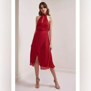 Keepsake the Label Elegant Scarlet Red Pleated Midi Chiffon Halter Dress Small